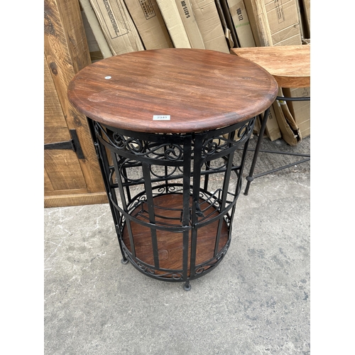 2949 - A CIRCULAR WINE RACK TABLE WITH HARDWOOD TOP AND BASE