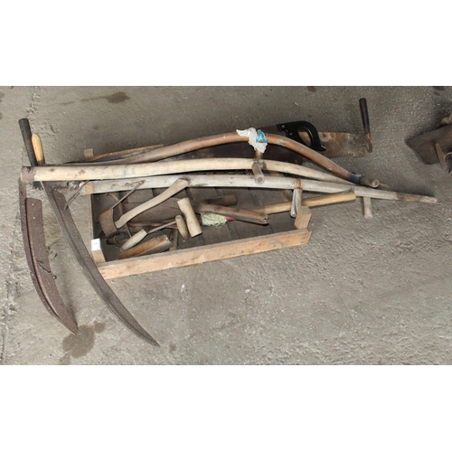 1 - BOX OF 2 SCYTHES, X CUT SAWS AND BALE HOOKS  + VAT