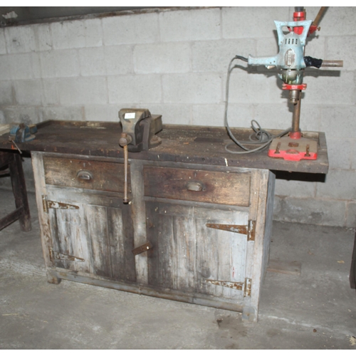 13 - BENCH WITH 2 VICES AND A WOLF PILLAR DRILL  + VAT