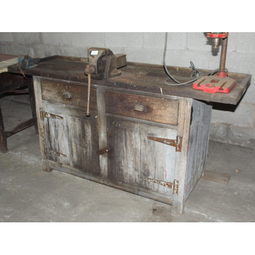 13 - BENCH WITH 2 VICES AND A WOLF PILLAR DRILL  + VAT