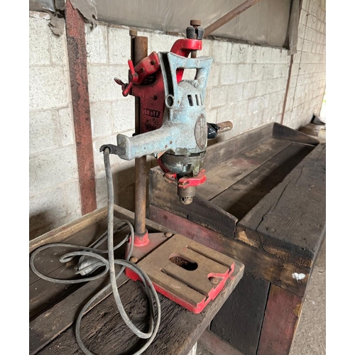 13 - BENCH WITH 2 VICES AND A WOLF PILLAR DRILL  + VAT