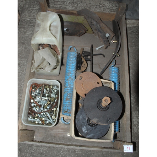 19 - SPRITTING BOX OF NUTS AND CULTIVATOR  SPARES  + VAT