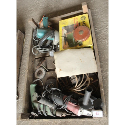 53 - SPRITTING BOX WITH DRILL, ANGLE GRINDER, HEDGE CUTTER ETC.  + VAT