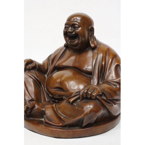 20 - A WOOD SCULPTURE OF A  LARGE LAUGHING BUDDHA