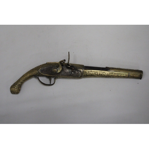 170 - A HEAVY BRASS ORNAMENTAL FLINTLOCK PISTOL