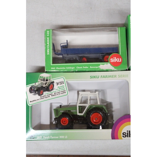 211 - FOUR SIKU 1:32 SCALE FARM MODELS TO INCLUDE A FENDT FARMER 308 LS, AN ACCESSORY SET FOR FRONT LOADER... 