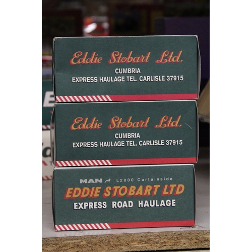 281 - THREE EDDIE STOBART CURTAINSIDE LORRIES - AS NEW IN BOXES