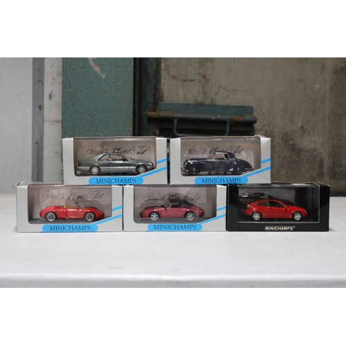 300 - FIVE MINICHAMPS DIE-CAST CARS TO INCLUDE MERCEDES BENZ, PORSCHE, ETC - ALL AS NEW IN BOXES