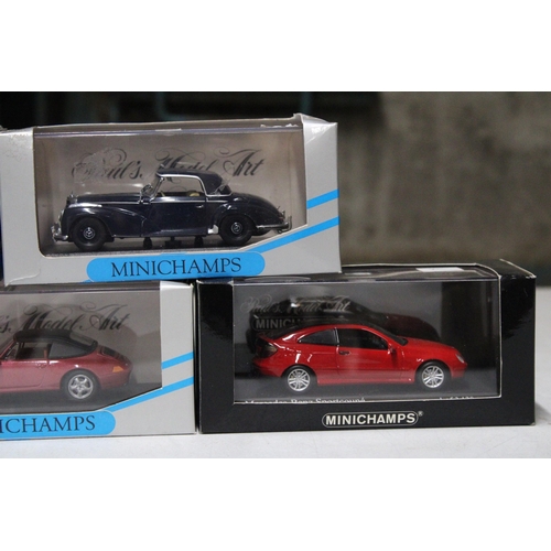 300 - FIVE MINICHAMPS DIE-CAST CARS TO INCLUDE MERCEDES BENZ, PORSCHE, ETC - ALL AS NEW IN BOXES