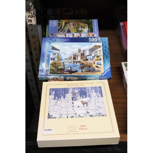 562 - A COLLECTION OF NINE JIGSAW PUZZLES - 5 1000 PIECES AND FOUR 500 PIECES - TWO AS NEW AND SEALED, PLU... 