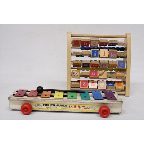 584 - AN ABACUS WITH LETTER BLOCKS, WOODEN JIGSAW AND VINTAGE FISHER PRICE XYLOPHONE