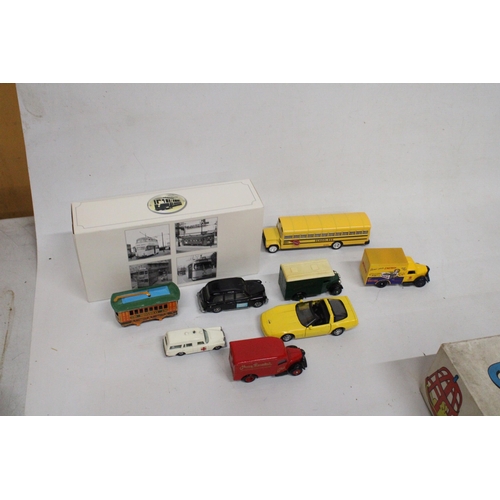 595 - EIGHT DIE-CAST VEHICLES TO INCLUDE AN ATLAS EDITIONS TRAM, A VINTAGE MATCHBOX MERCEDES BENZ AMBULANC... 