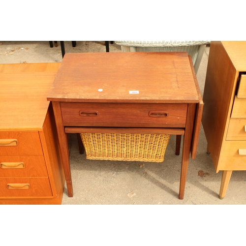 2665 - A RETRO TEAK DANISH SEWING TABLE WITH DROP-LEAF, SINGLE DRAWER AND PULL OUT BASKET, 23.5