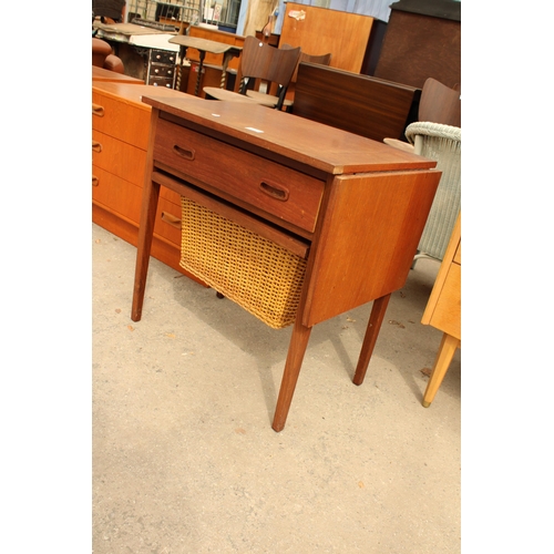 2665 - A RETRO TEAK DANISH SEWING TABLE WITH DROP-LEAF, SINGLE DRAWER AND PULL OUT BASKET, 23.5