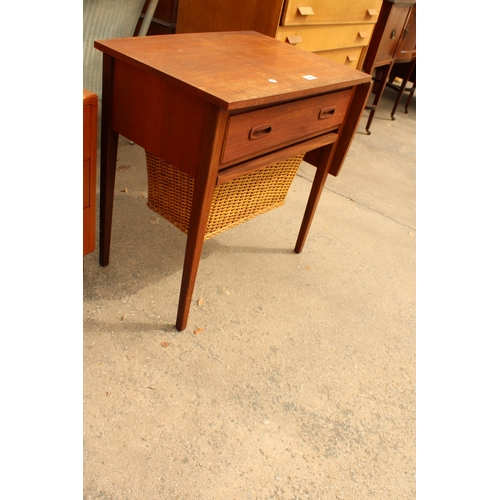 2665 - A RETRO TEAK DANISH SEWING TABLE WITH DROP-LEAF, SINGLE DRAWER AND PULL OUT BASKET, 23.5