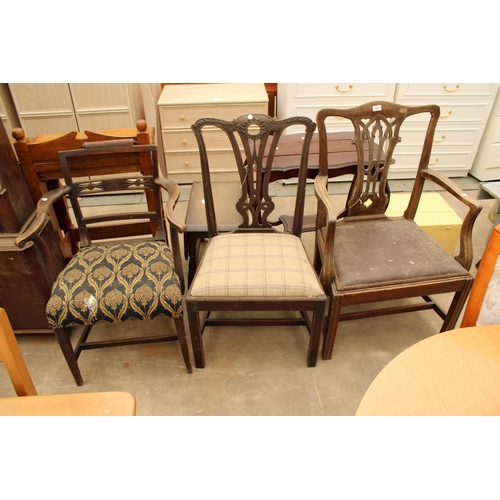 2697 - TWO CHIPPENDALE STYLE DINING CHAIRS AND A 19TH CENTURY MAHOGANY ELBOW CHAIR