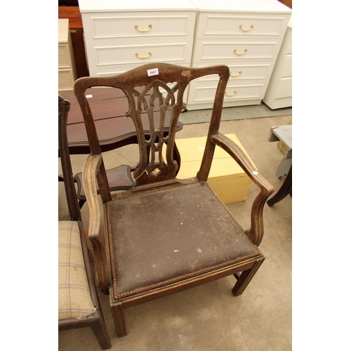 2697 - TWO CHIPPENDALE STYLE DINING CHAIRS AND A 19TH CENTURY MAHOGANY ELBOW CHAIR