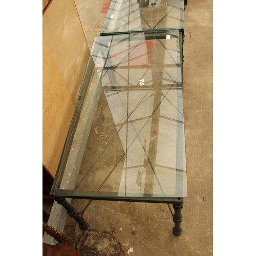 2706 - A PAIR OF GLASS TOP COFFEE TABLES ON METALWARE FRAMES, 40