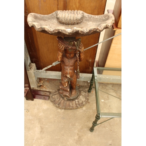 2707 - A GEORGIAN STYLE HARDWOOD BIRD BATH WITH SHELL SHAPED TOP AND CHERUB COLUMN, 25