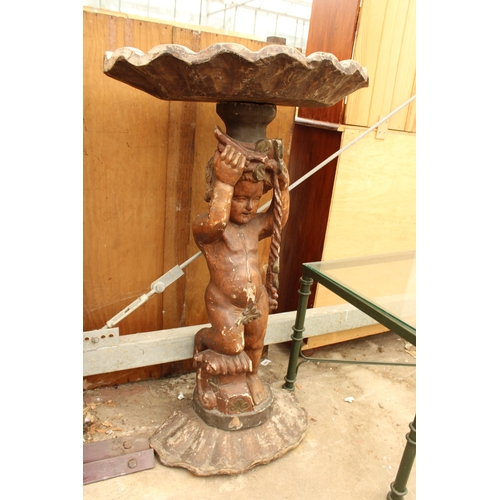 2707 - A GEORGIAN STYLE HARDWOOD BIRD BATH WITH SHELL SHAPED TOP AND CHERUB COLUMN, 25