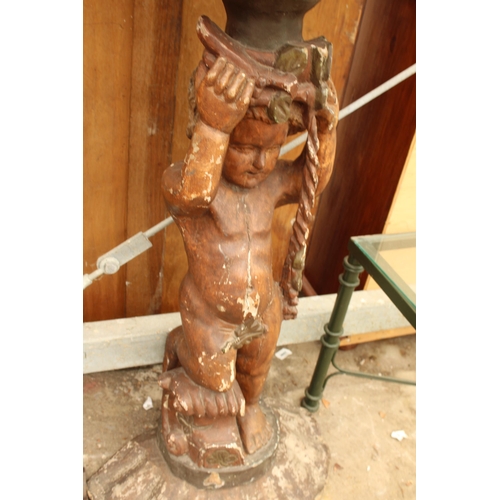 2707 - A GEORGIAN STYLE HARDWOOD BIRD BATH WITH SHELL SHAPED TOP AND CHERUB COLUMN, 25