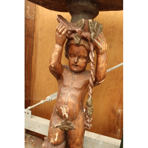 2707 - A GEORGIAN STYLE HARDWOOD BIRD BATH WITH SHELL SHAPED TOP AND CHERUB COLUMN, 25