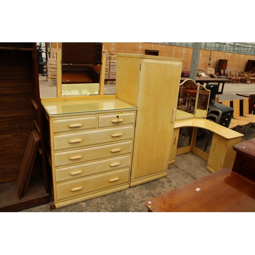 2729 - A MID 20TH CENTURY LIMED COMBINATION WARDROBE CHEST WITH DRESSING TABLE RETURN WITH TRIPLE MIRROR