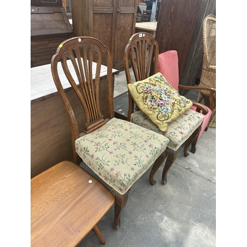 2874 - A PAIR OF MAHOGANY HEPPLEWHITE STYLE DINING CHAIRS WITH WOOLWORK SEATS AND ONE CUSHION