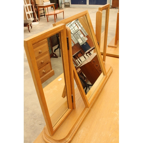 2892 - AN OAK TWIN PEDESTAL DRESSING CHEST OF SIX DRAWERS WITH TRIPLE MIRROR AND STOOL 58