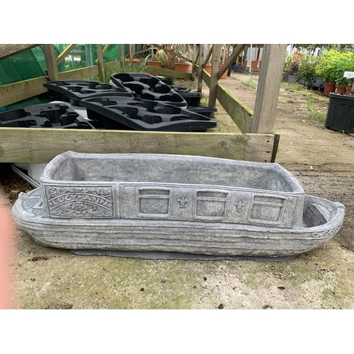 34 - ONE BARGE SHAPED CONCRETE GARDEN ORNAMENTAL PLANTER 'LUCY-ANN' APPROX 80CM IN LENGTH PLUS VAT