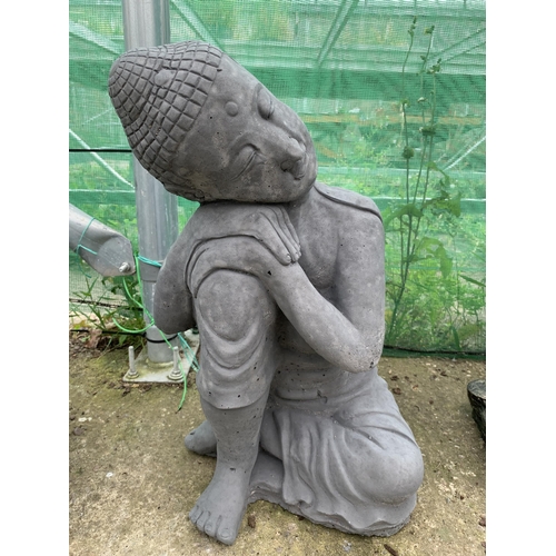 36 - ONE LARGE BUDDHA CONCRETE FIGURE RESTING HEAD ON KNEE GARDEN ORNAMENT APPROX 45CM IN HEIGHT PLUS VAT