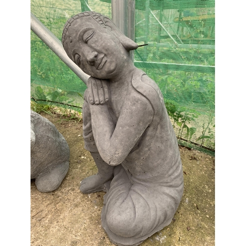 36 - ONE LARGE BUDDHA CONCRETE FIGURE RESTING HEAD ON KNEE GARDEN ORNAMENT APPROX 45CM IN HEIGHT PLUS VAT