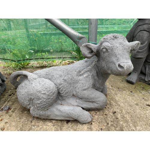 37 - ONE SITTING CALF CONCRETE GARDEN ORNAMENT APPROX 50CM IN LENGTH AND 28CM IN HEIGHT PLUS VAT