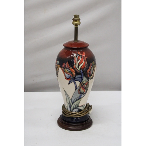 1 - A MOORCROFT POTTERY TABLE LAMP OF INVERTED BALUSTER FORM TUBELINED AND PAINTED WITH RED TULIPS PATTE... 