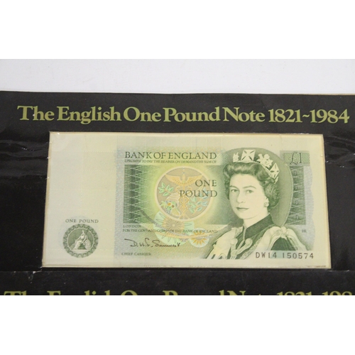 154 - TWO 'THE ENGLISH ONE POUND NOTE 1821-1984', BOTH IN SLEEVES BY RAFFLES