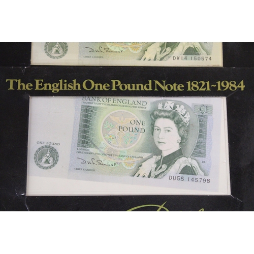 154 - TWO 'THE ENGLISH ONE POUND NOTE 1821-1984', BOTH IN SLEEVES BY RAFFLES