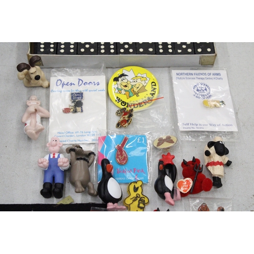 167 - A MIXED LOT TO INCLUDE WALLACE AND GROMMIT FIGURES, DOMINOES, COINS, CERAMIC DOLPHIN, PIN BADGES, ET... 