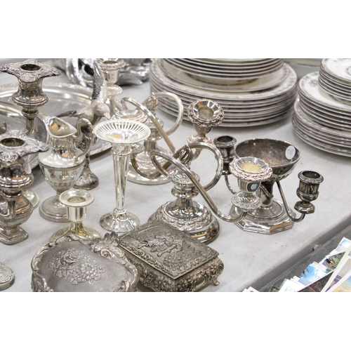 202 - A LARGE QUANTITY OF SILVER PLATED ITEMS TO INCLUDE TRAYS, CANDLEABRAS, TRINKET BOXES, ETC