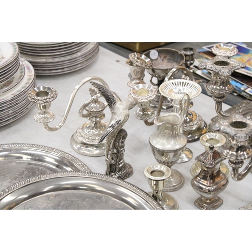 202 - A LARGE QUANTITY OF SILVER PLATED ITEMS TO INCLUDE TRAYS, CANDLEABRAS, TRINKET BOXES, ETC