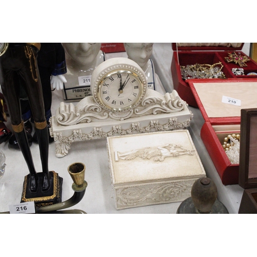 212 - A ROMAN/GREEK STYLE QUARTZ MANTLE CLOCK TOGETHER WITH A TRINKET BOX