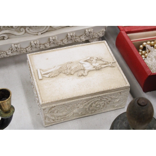 212 - A ROMAN/GREEK STYLE QUARTZ MANTLE CLOCK TOGETHER WITH A TRINKET BOX