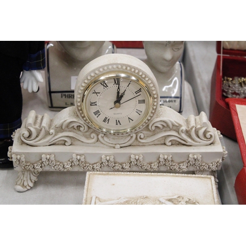 212 - A ROMAN/GREEK STYLE QUARTZ MANTLE CLOCK TOGETHER WITH A TRINKET BOX