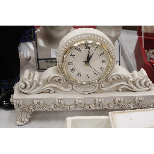 212 - A ROMAN/GREEK STYLE QUARTZ MANTLE CLOCK TOGETHER WITH A TRINKET BOX