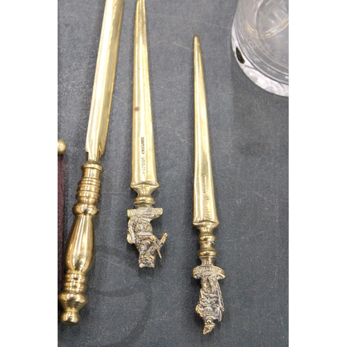 256 - A COLLECTION OF FIVE BRASS LETTER OPENERS TO INCLUDE AN ART NOUVEAU EXAMPLE