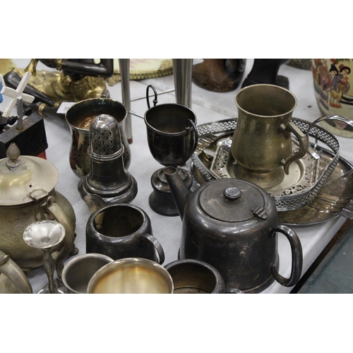 302 - A LARGE QUANTITY OF SILVER PLATE TO INCLUDE TEAPOTS, CREAM JUG, SUGAR BOWL, A TROPHY, GOBLETS, ETC