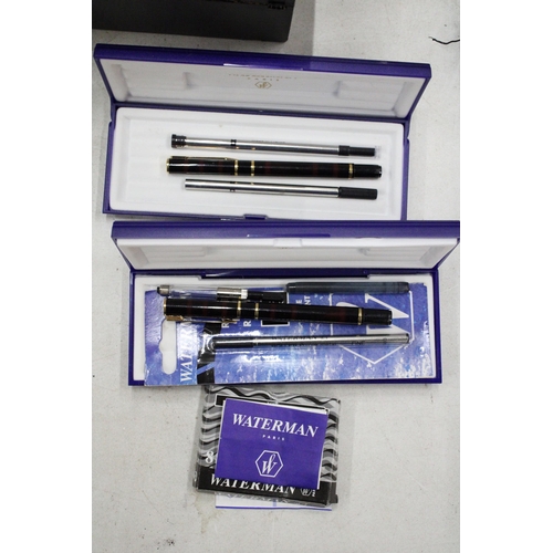 4 - A WATERMAN PARIS LAURENT BLACK FOUNTAIN PEN AND ROLLER BALL PEN SET BOTH CASED WITH REFILLS