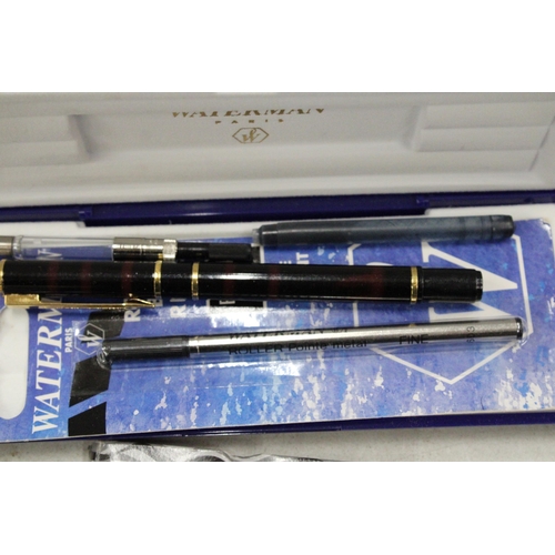 4 - A WATERMAN PARIS LAURENT BLACK FOUNTAIN PEN AND ROLLER BALL PEN SET BOTH CASED WITH REFILLS