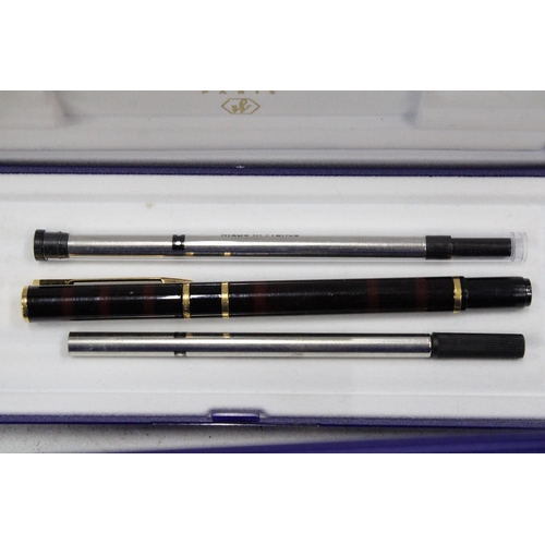 4 - A WATERMAN PARIS LAURENT BLACK FOUNTAIN PEN AND ROLLER BALL PEN SET BOTH CASED WITH REFILLS