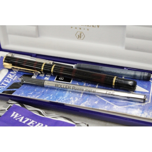 4 - A WATERMAN PARIS LAURENT BLACK FOUNTAIN PEN AND ROLLER BALL PEN SET BOTH CASED WITH REFILLS