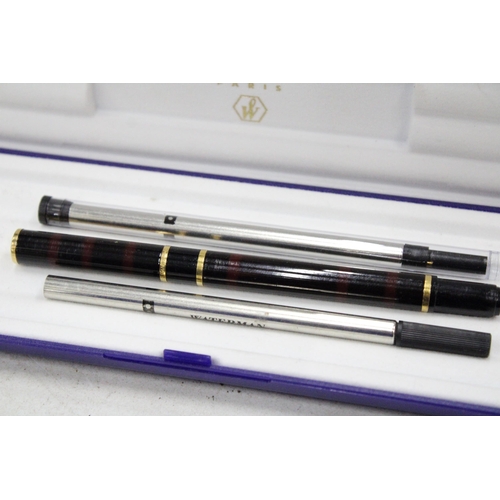 4 - A WATERMAN PARIS LAURENT BLACK FOUNTAIN PEN AND ROLLER BALL PEN SET BOTH CASED WITH REFILLS